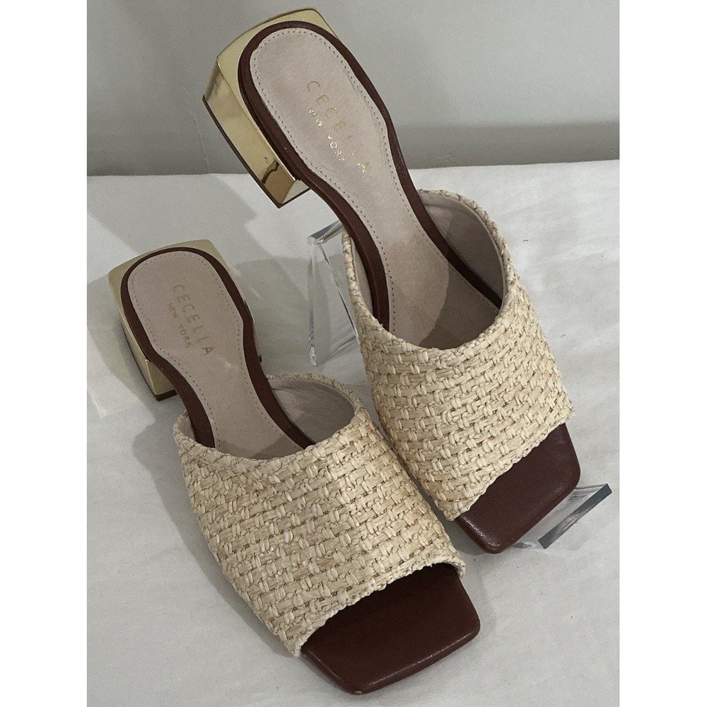 Cecelia New York Leather Block Heeled Sandals Natural Raffiaβ Sz 6